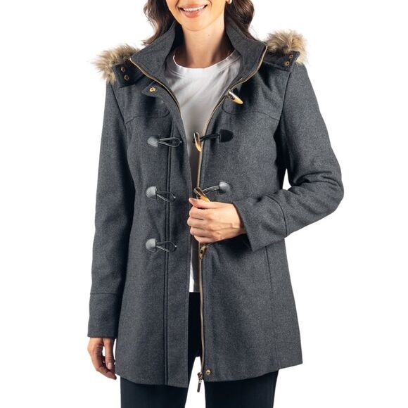 Alpine Swiss Duffy Womens Hooded Parka Fur Trim Wool Coat Toggle Button Jacket - Picture 8 of 10